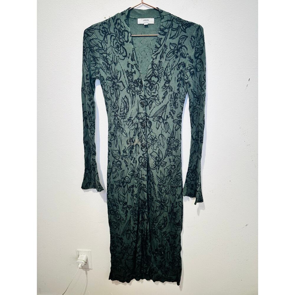 Jason Wu Green Floral Button Up Midi Open Up Card… - image 2